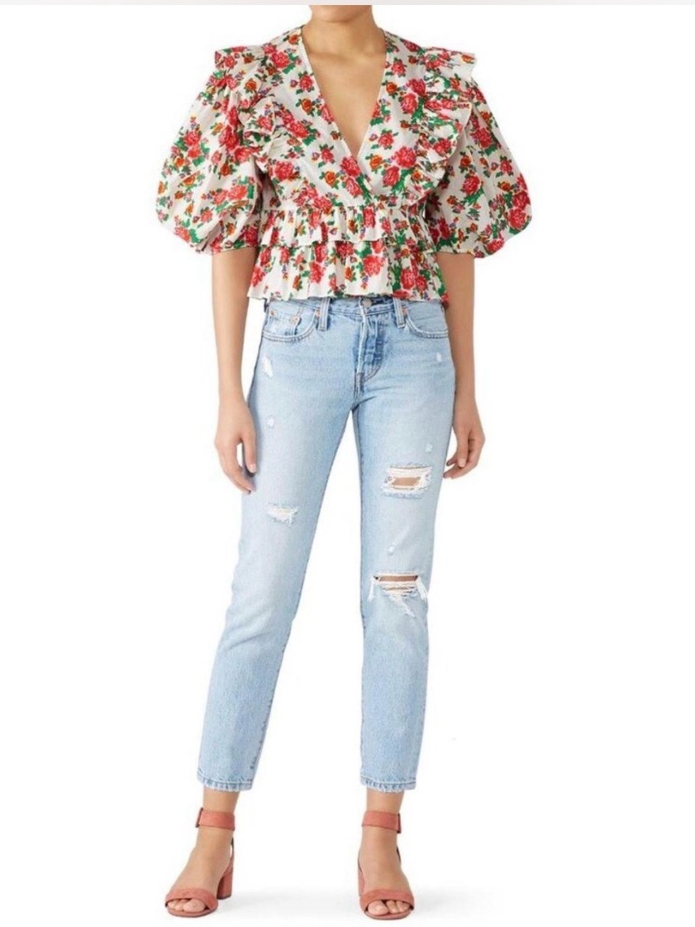 RHODE Elodie Floral Ruffle Crop Top - White w Red & Green Made in India Size M